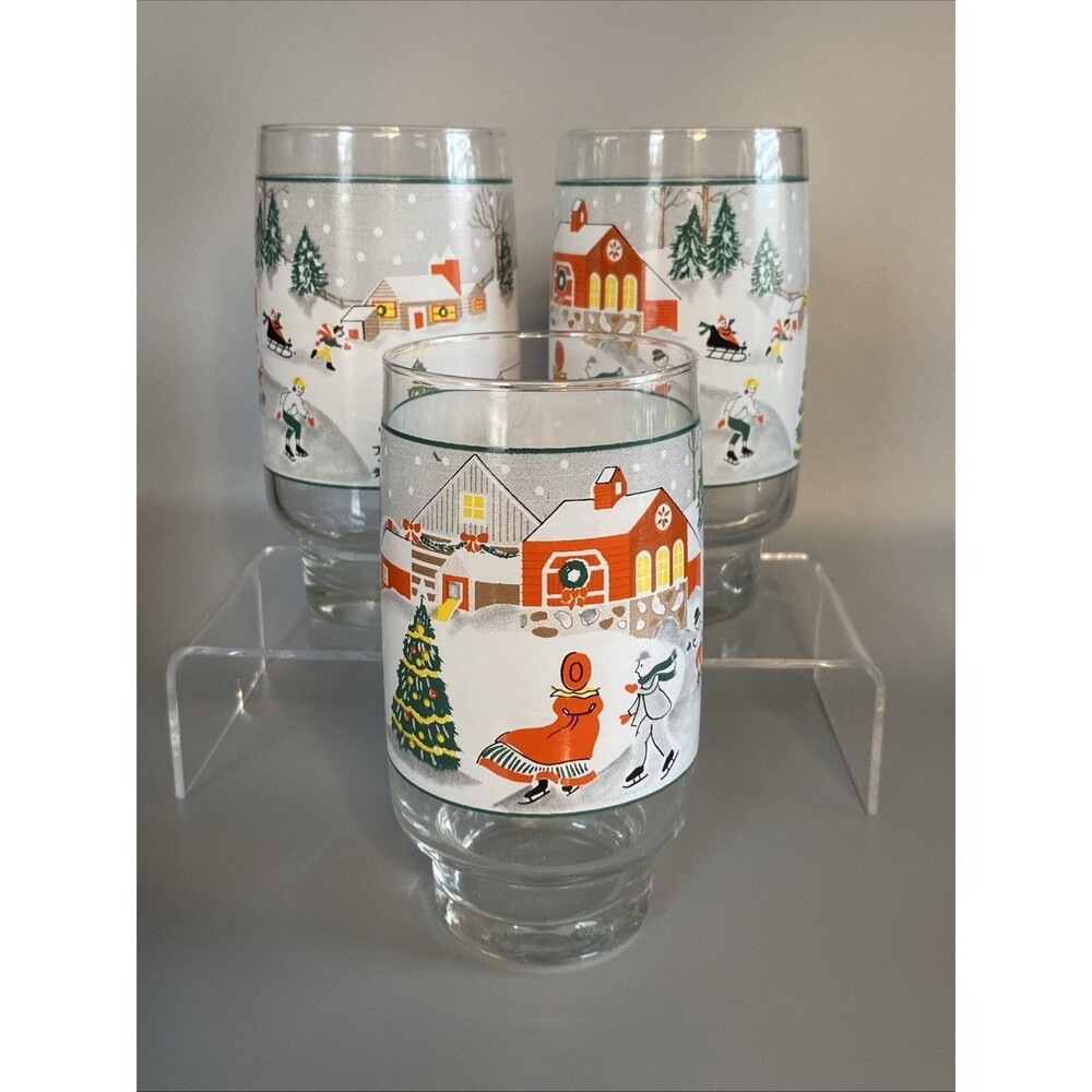 3 Vintage Christmas Sango SILENT NIGHT Glasses Glassware Tumbler Holiday 5" MCM